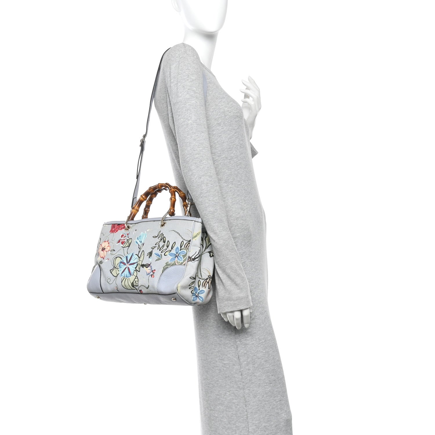 Gucci Canvas Cellarius Calfskin Flora Knight Medium Bamboo Shopper Tote Light Blue 2 of 13
