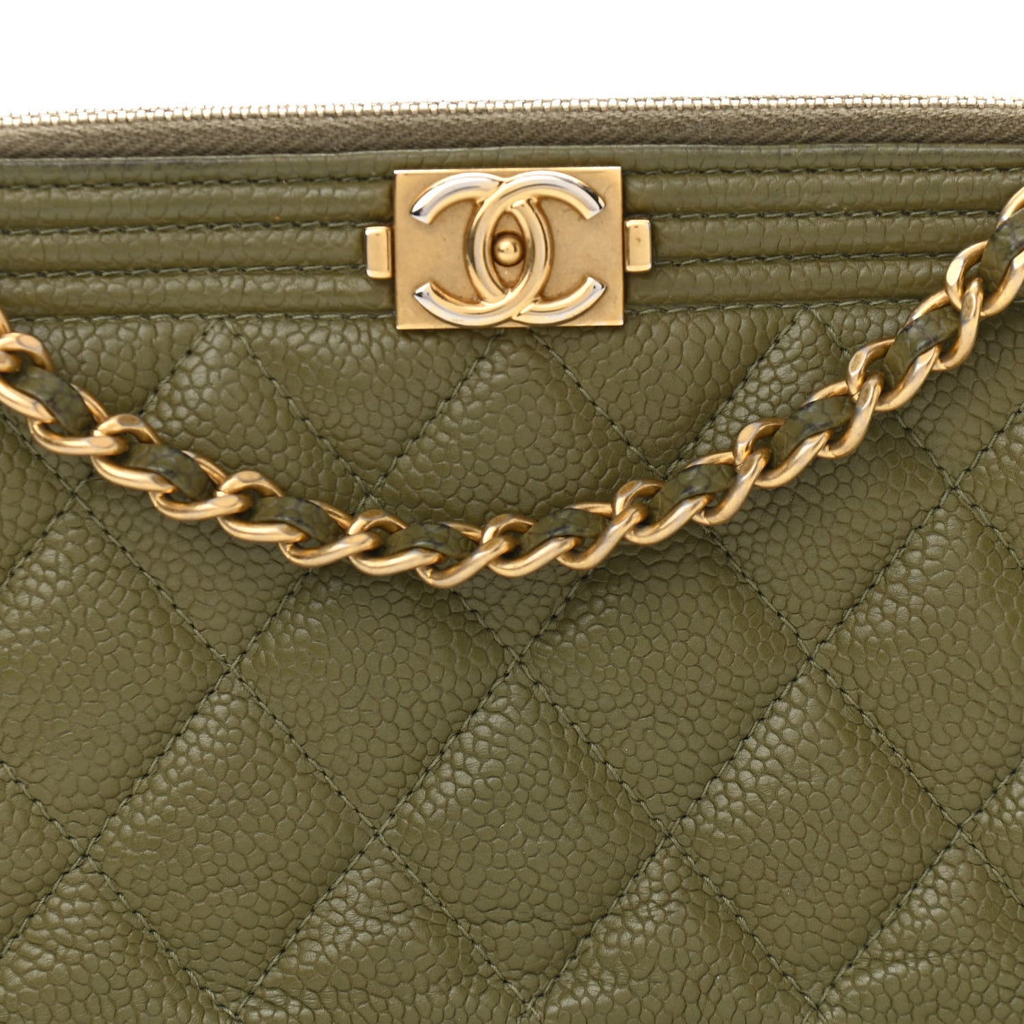 Caviar Quilted Small Boy Clutch With Chain Khaki