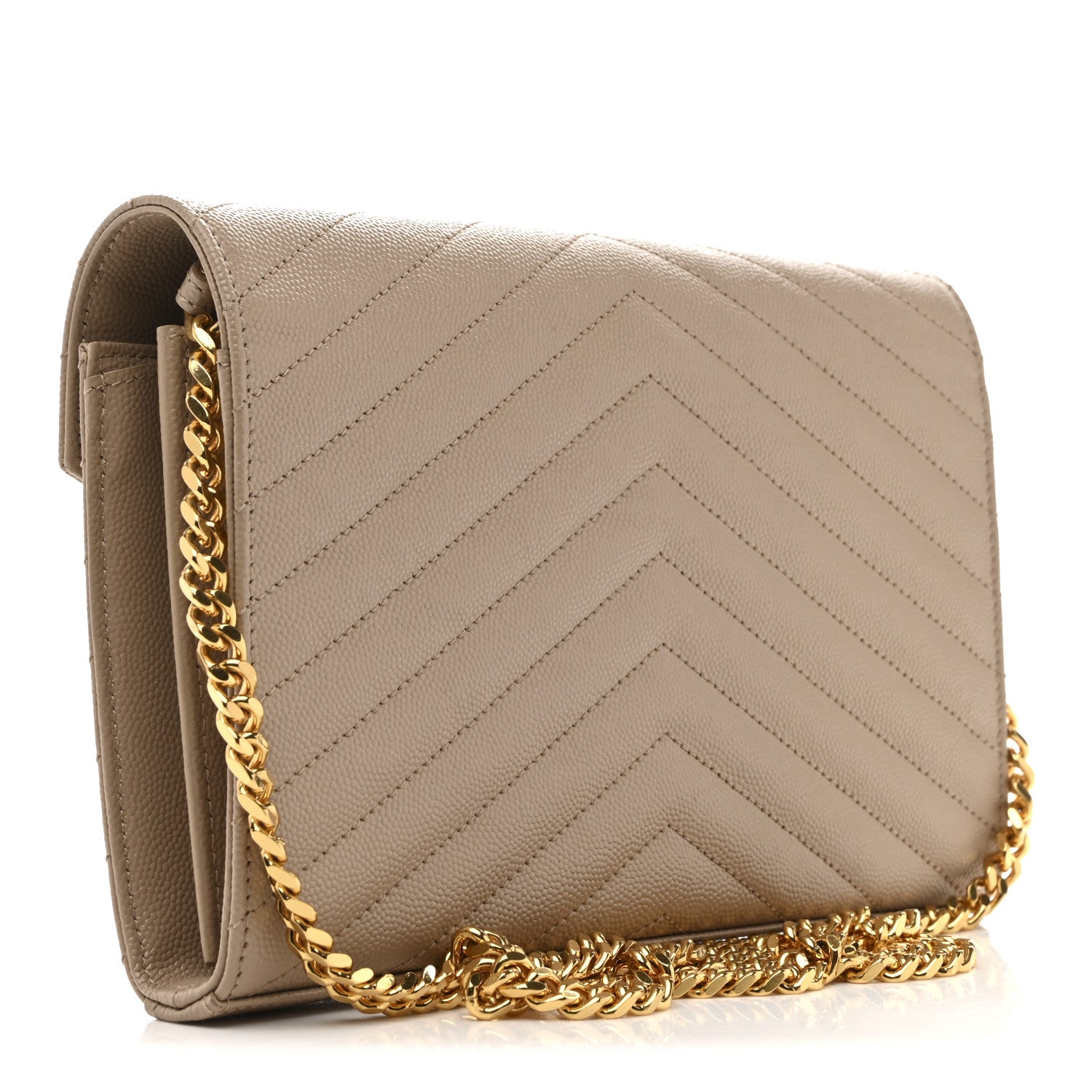 Saint Laurent Grain De Poudre Matelasse Chevron Monogram Chain Wallet Dark Beige 3 of 14