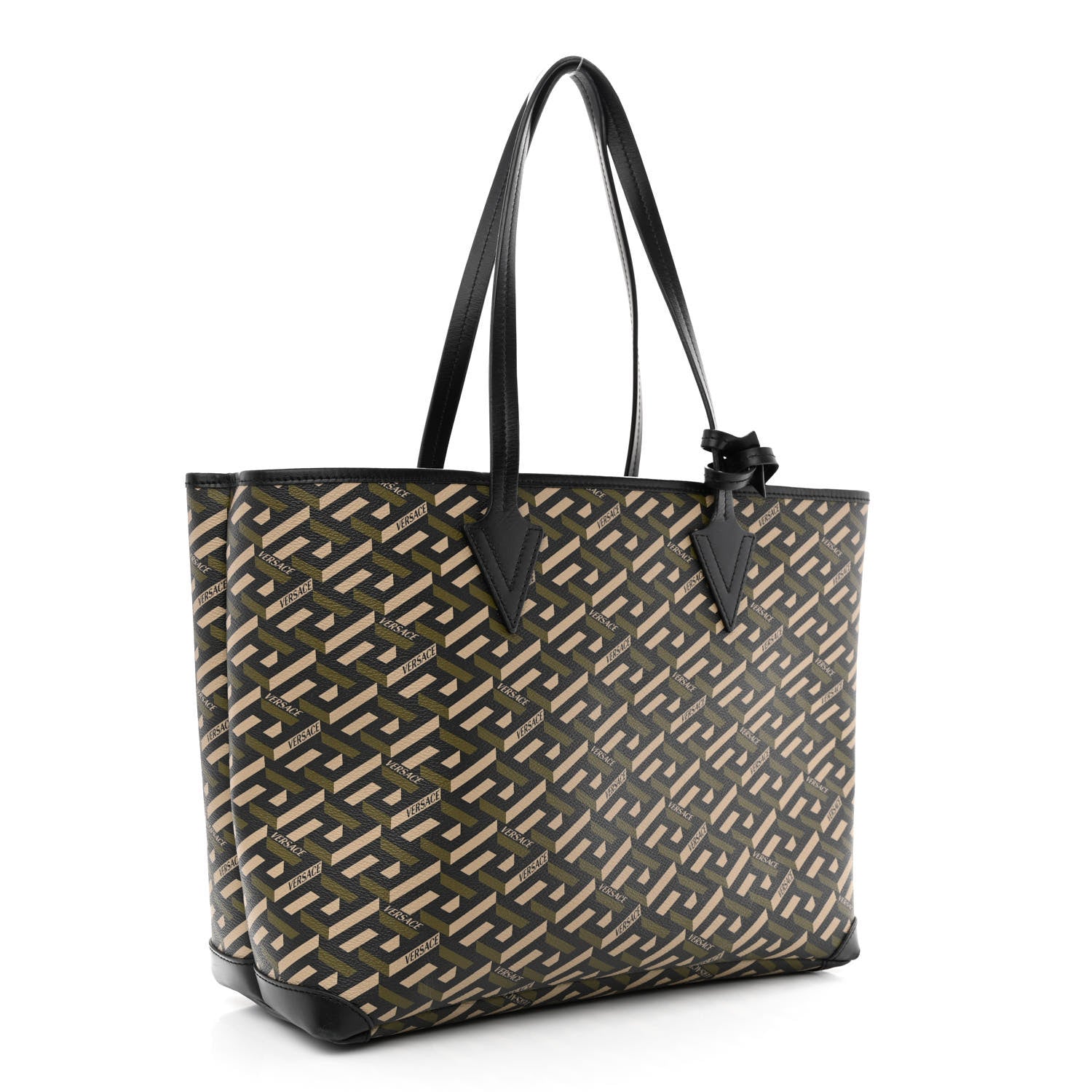 Versace Canvas Calfskin Monogram La Greca Medusa Tote Black Khaki 3 of 11