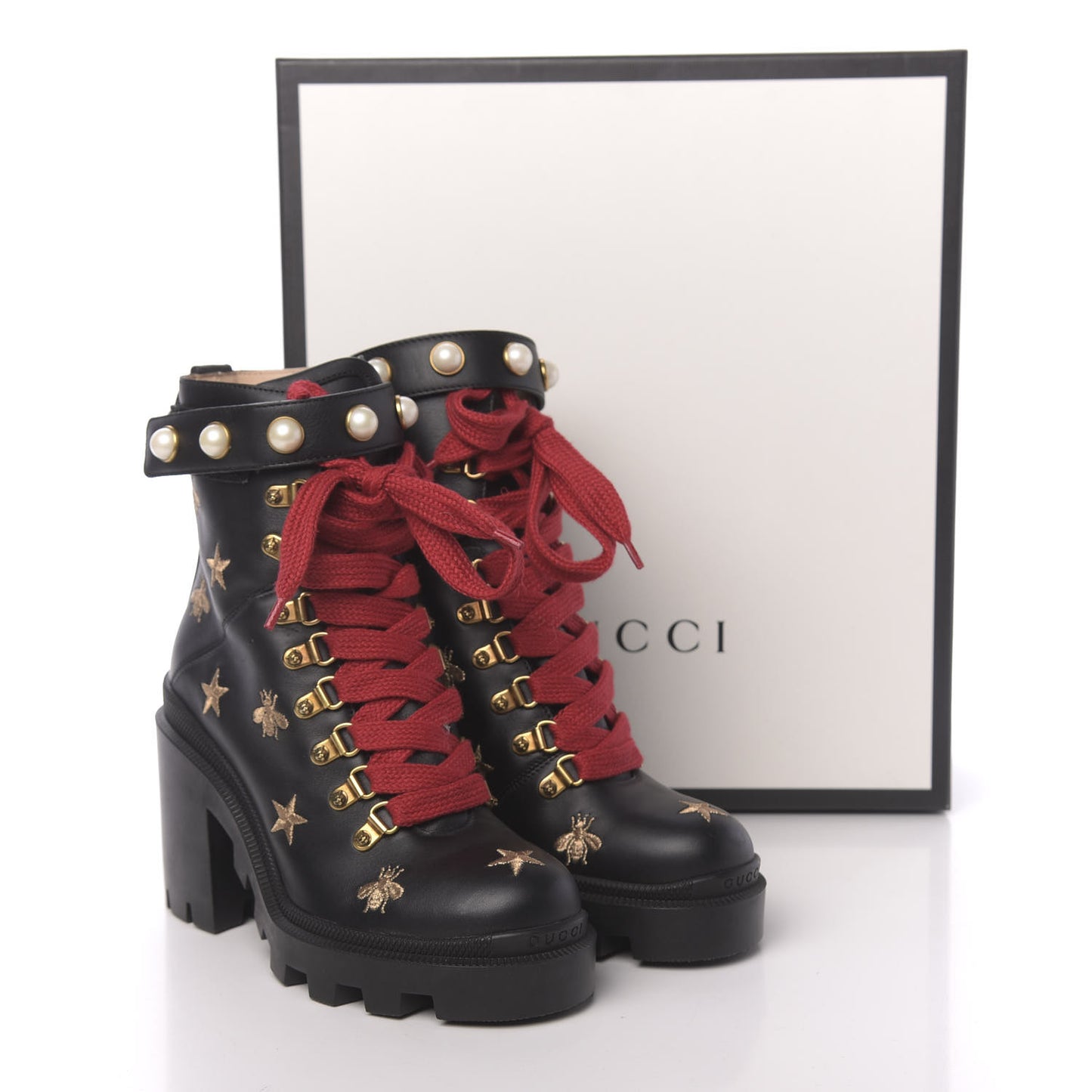 Calfskin Embroidered Lace Up Combat Ankle Boots 36 Black