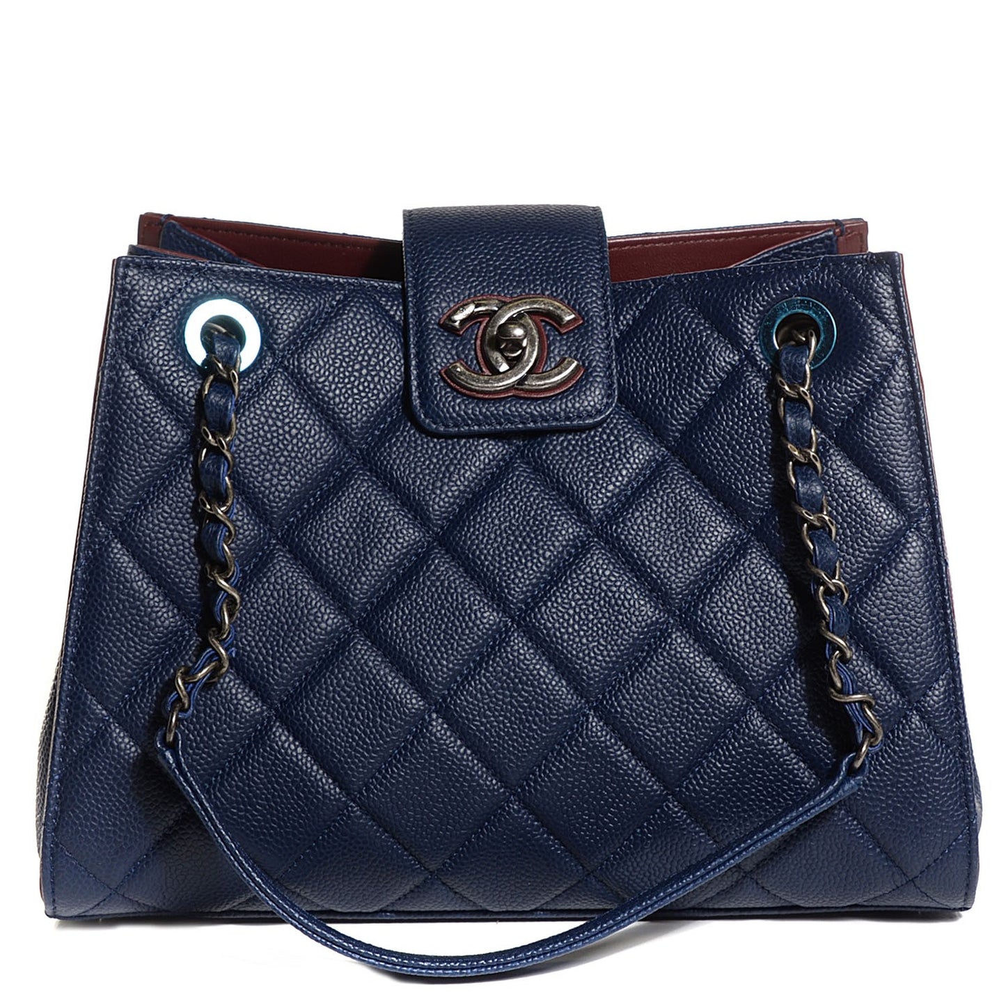 Grained Calfskin Quilted CC Accordion Small Tote Blue