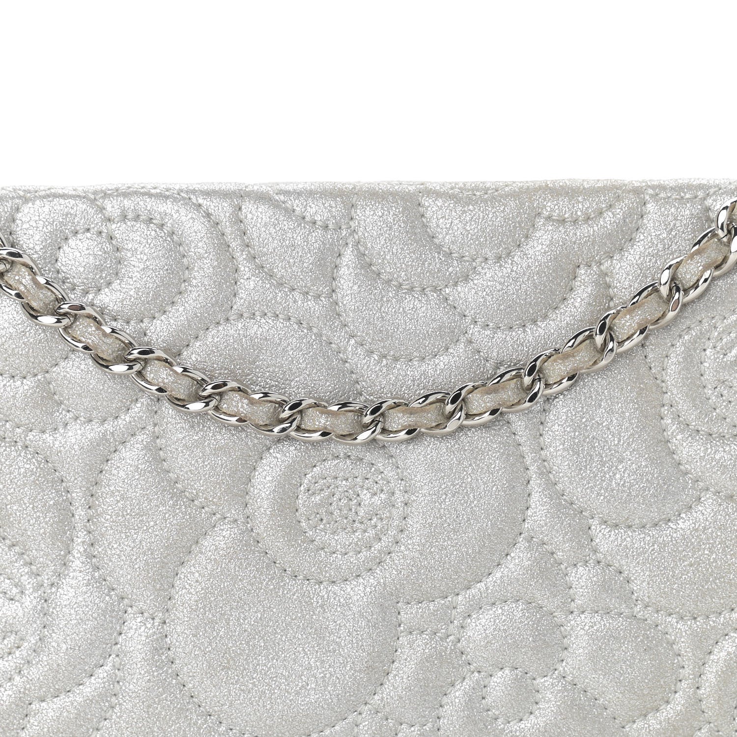 Chanel Metallic Lambskin Camellia Chain Pouch Silver 8 of 14