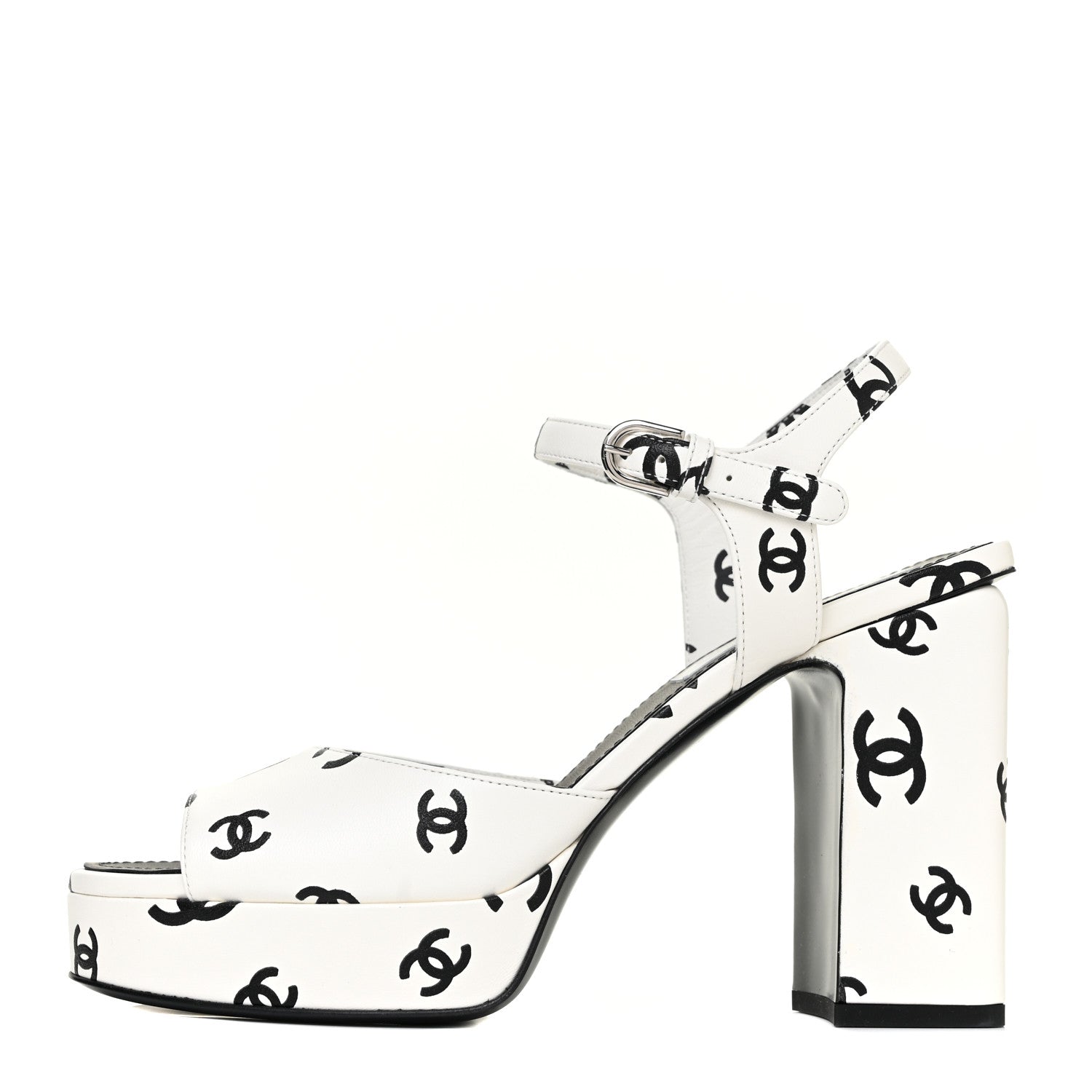 Chanel Printed Lambskin Coco Beach Platform Sandals 39 White Black 1 of 10