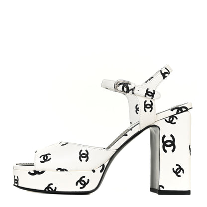 Chanel Printed Lambskin Coco Beach Platform Sandals 39 White Black 1 of 10