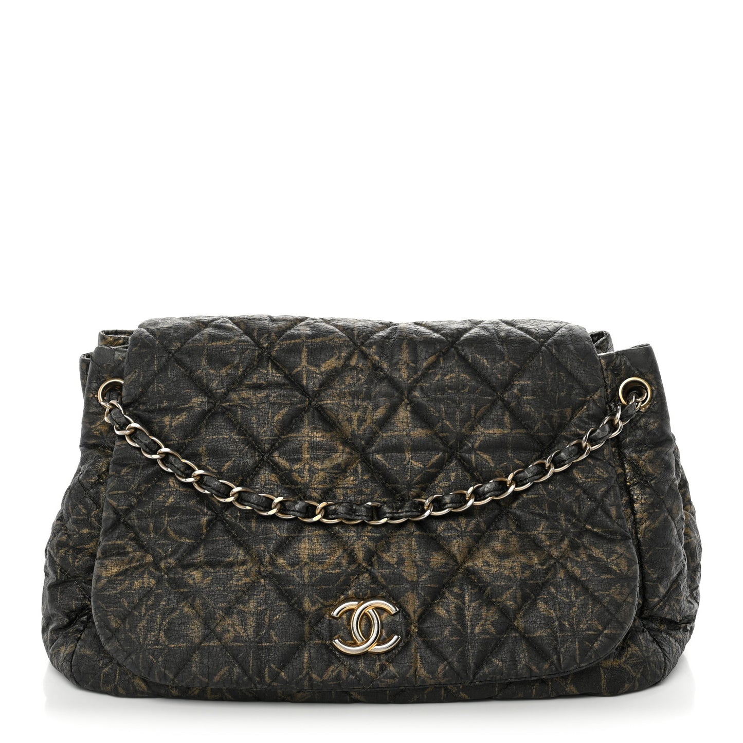 Nylon Printed Quilted Accordion Flap Black Gold