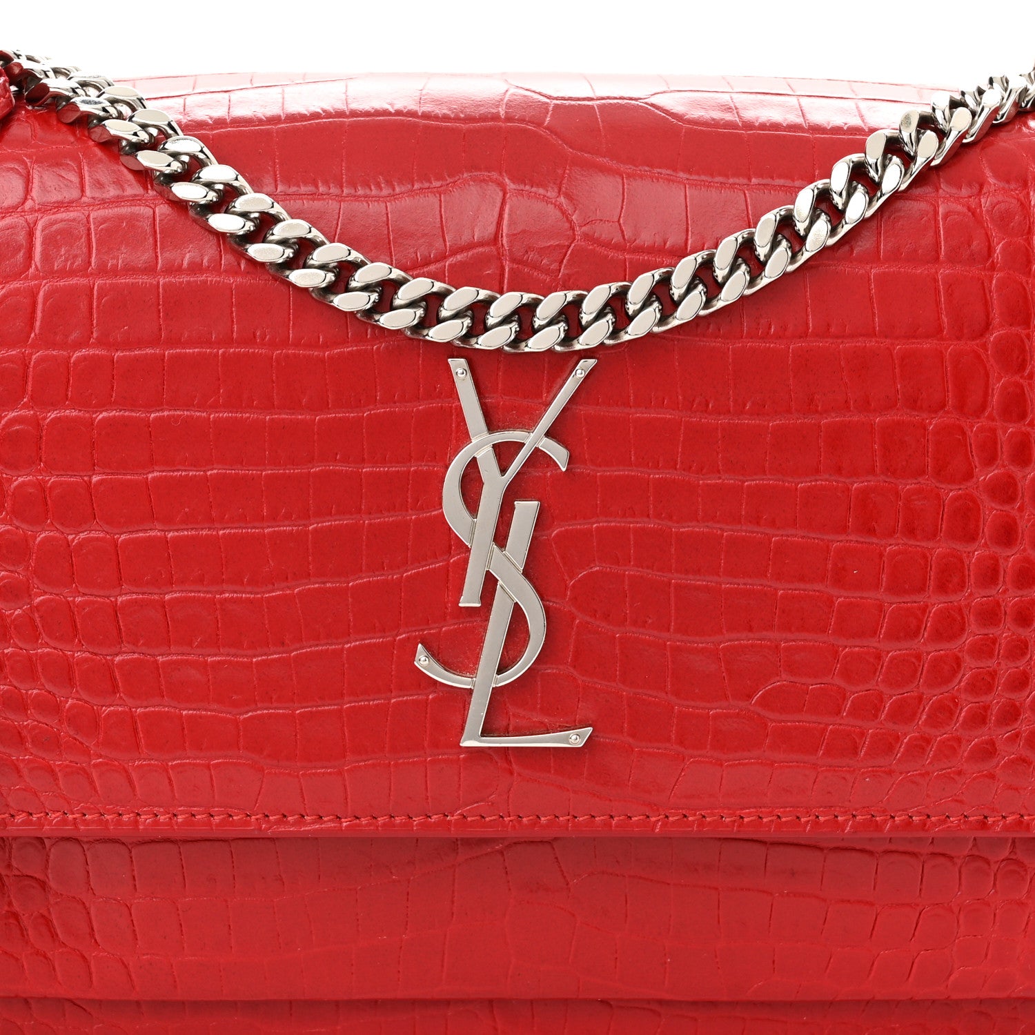 Saint Laurent Calfskin Crocodile Embossed Medium Monogram Sunset Rouge Eros 8 of 10