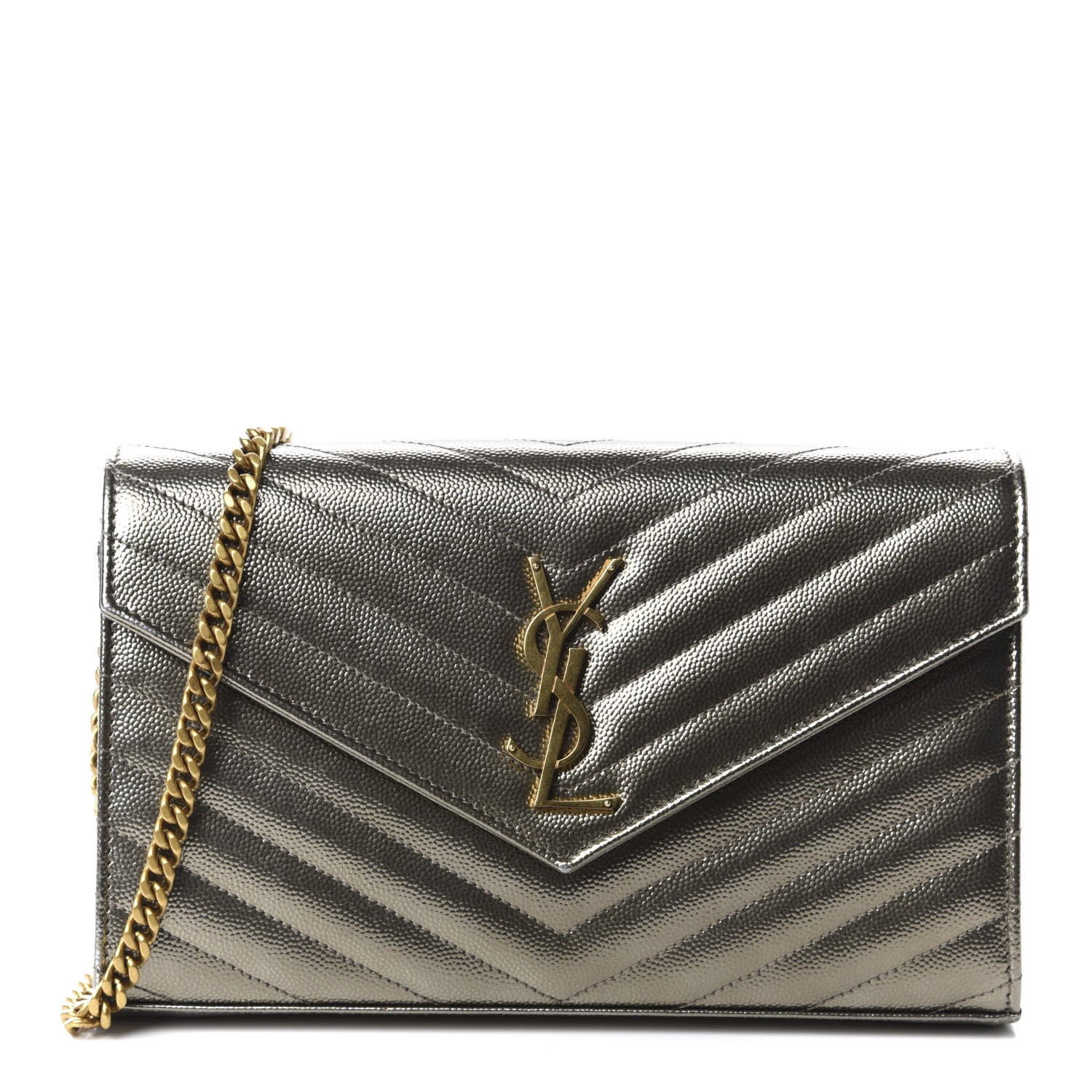 Saint Laurent Metallic Grain De Poudre Matelasse Chevron Monogram Chain Wallet Gold 1 of 11