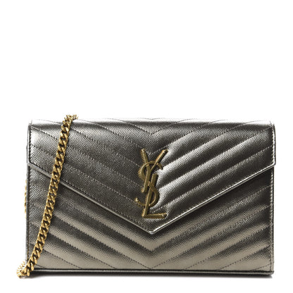 Saint Laurent Metallic Grain De Poudre Matelasse Chevron Monogram Chain Wallet Gold 1 of 11