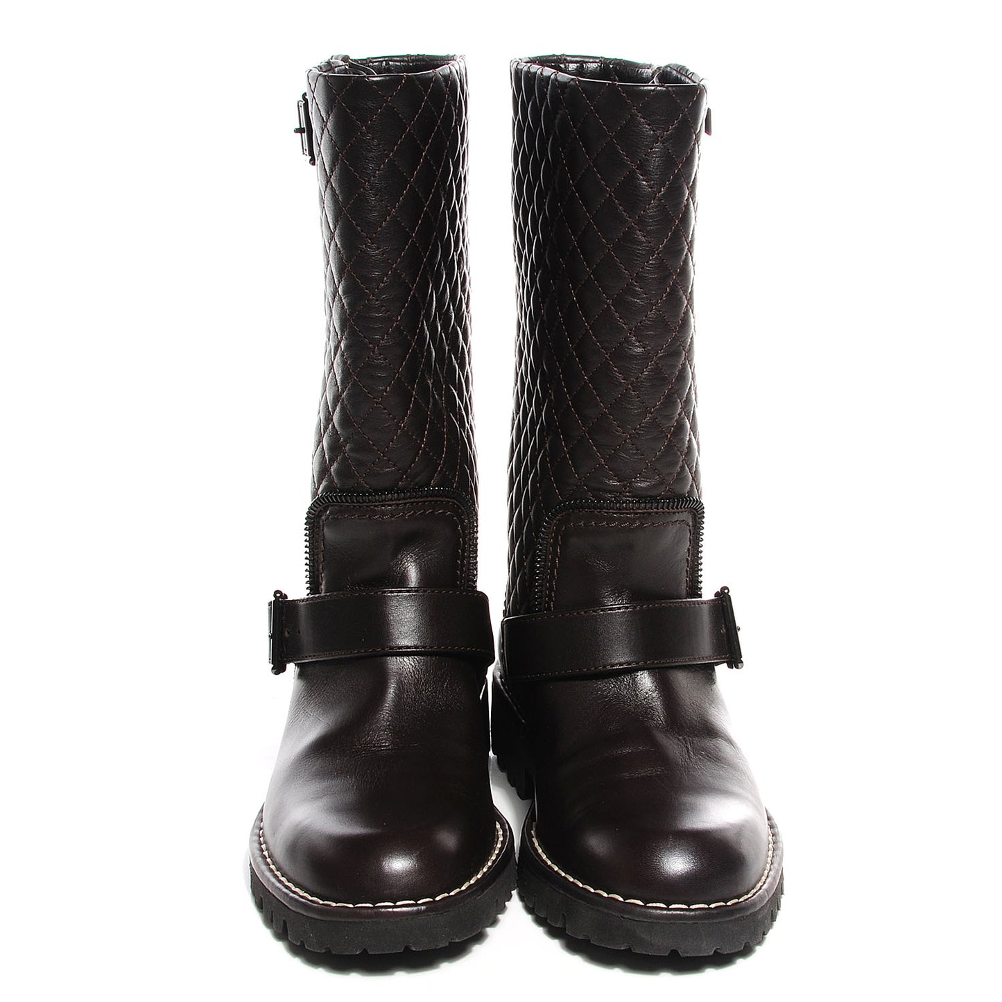 Calfskin Quilted Biker Boots 36 Marron Fonce
