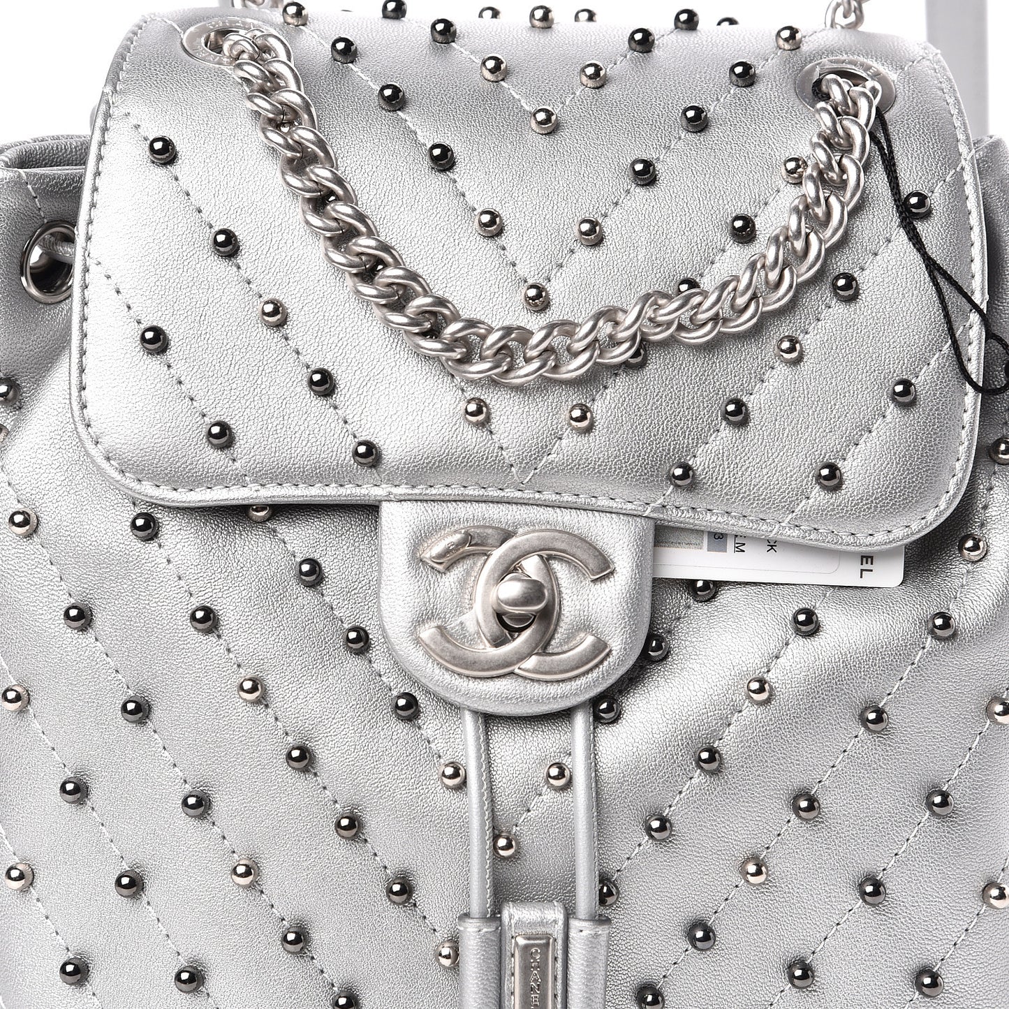 Metallic Lambskin Chevron Quilted Studded Stud Wars Backpack Silver