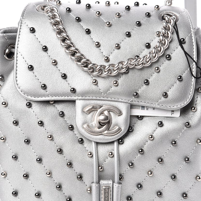 Chanel Metallic Lambskin Chevron Quilted Studded Stud Wars Backpack Silver 10 of 10