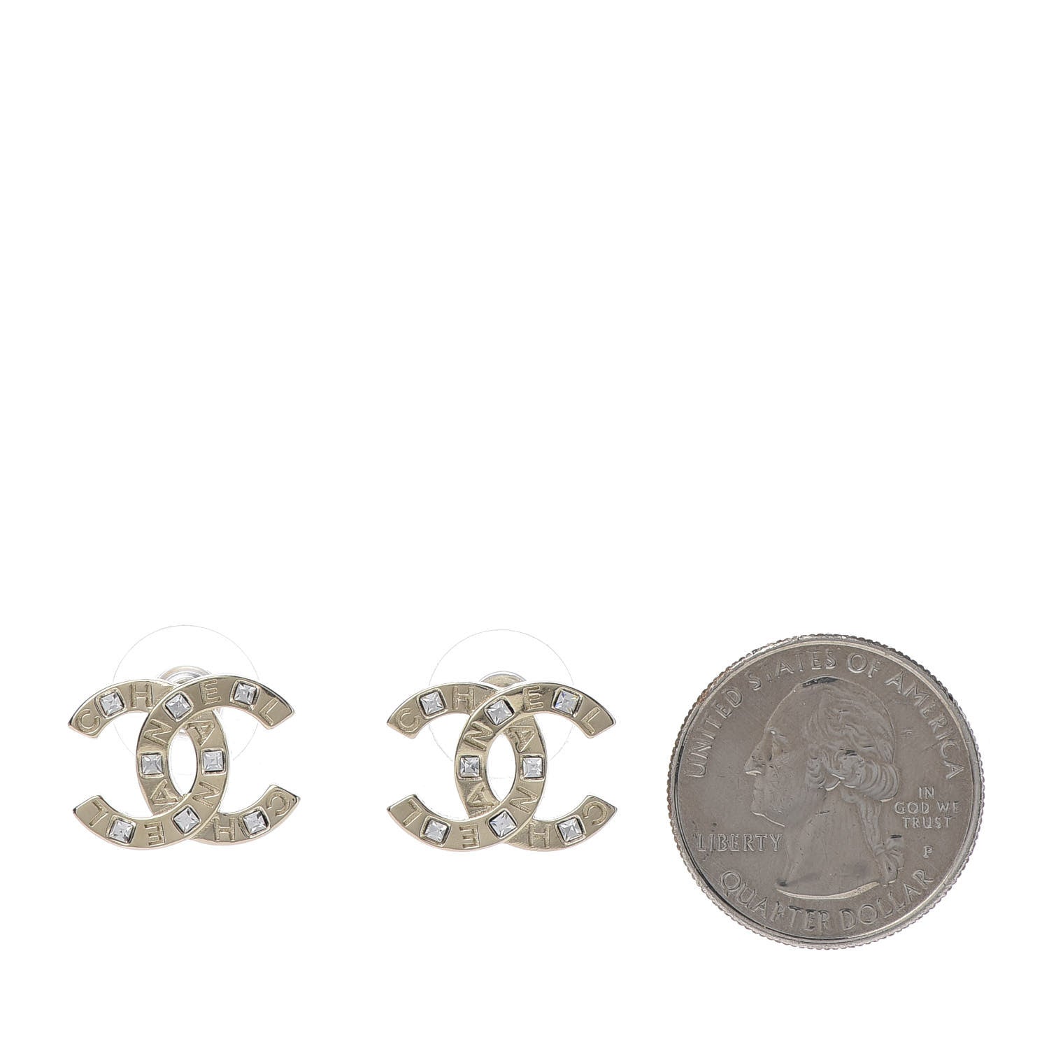 Chanel Crystal Metal CC Paris Button Stud Earrings Gold 2 of 5