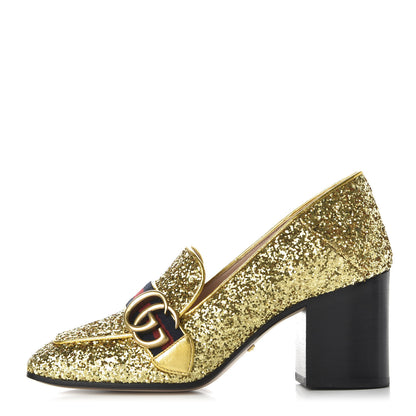 Gucci Glitter Nappa Web Peyton 75mm Loafer Pumps 36.5 Oro Vecchio 1 of 9