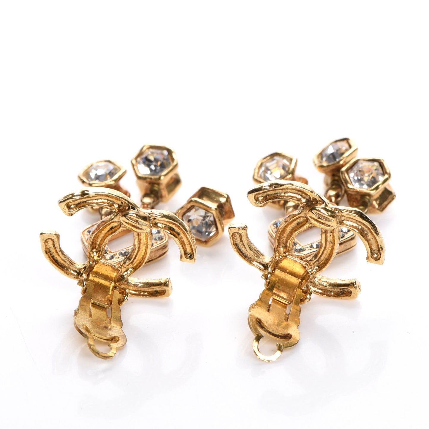 Crystal CC Dangle Clip On Earrings Gold