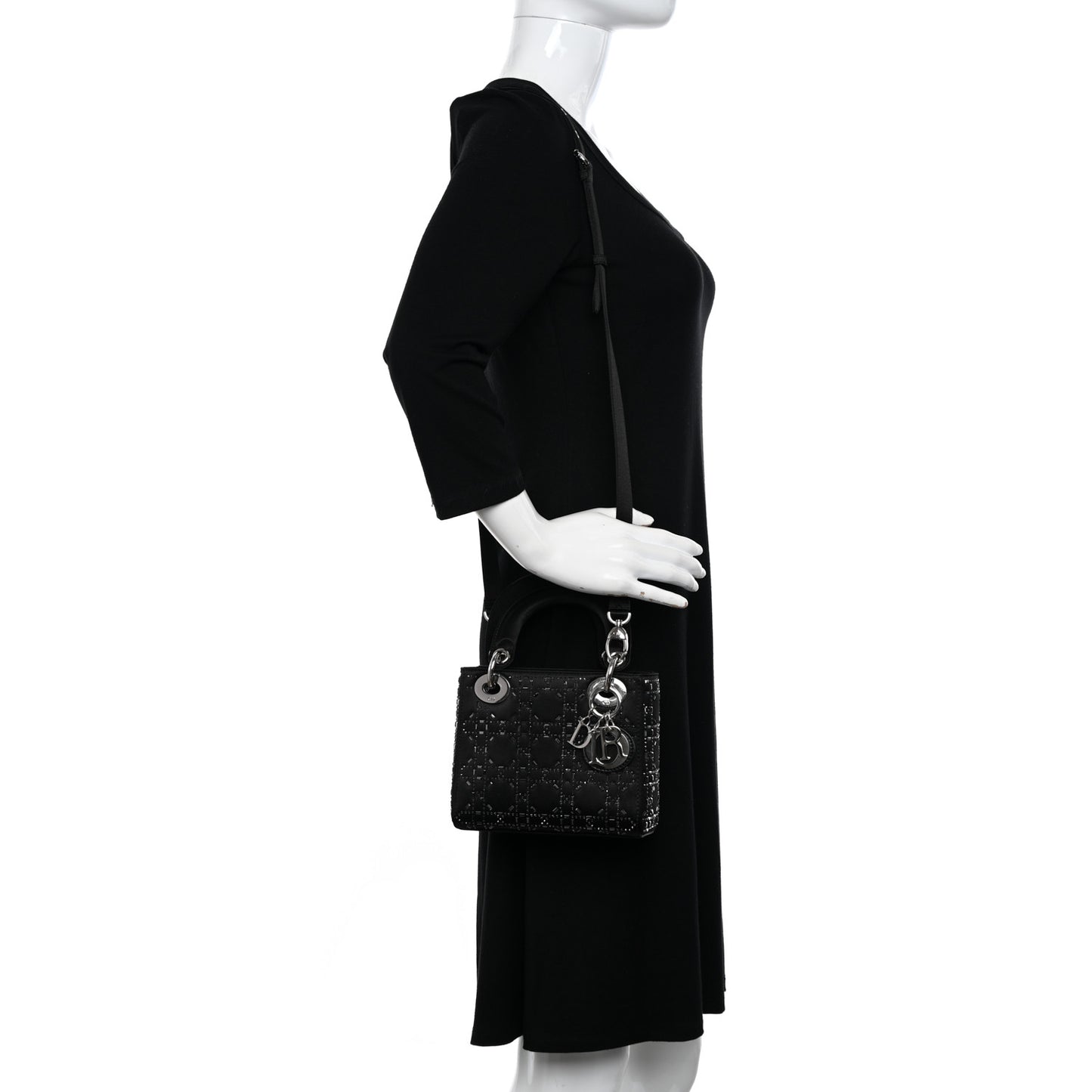 Satin Crystal Cannage Mini Lady Dior Black