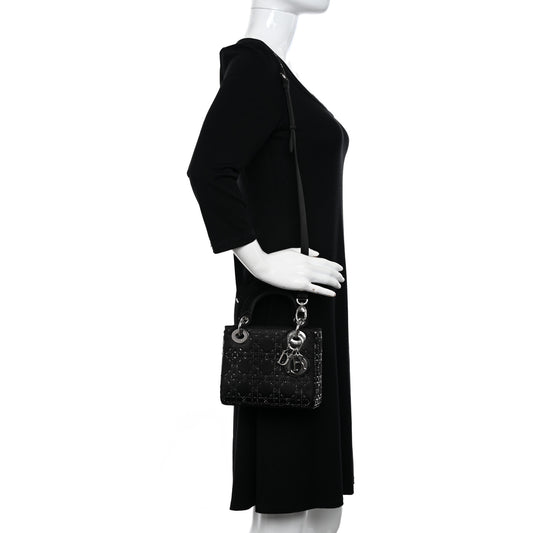 Satin Crystal Cannage Mini Lady Dior Black