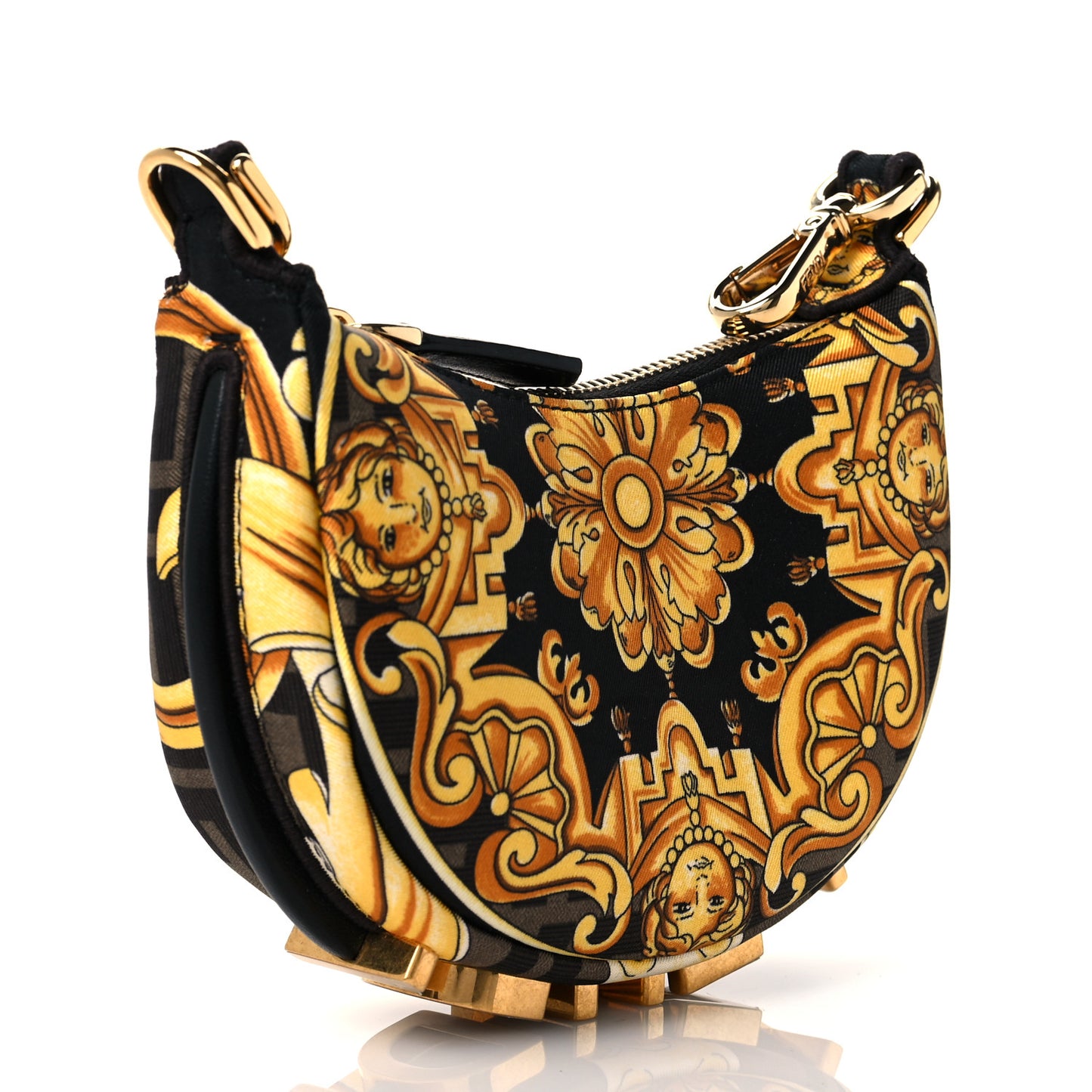 X VERSACE Silk Fendace Baroque Nano Fendigraphy Hobo Charm Black Gold