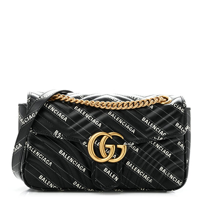Gucci X BALENCIAGA Calfskin Matelasse Logo Print Small GG Marmont Shoulder Bag Black 1 of 13