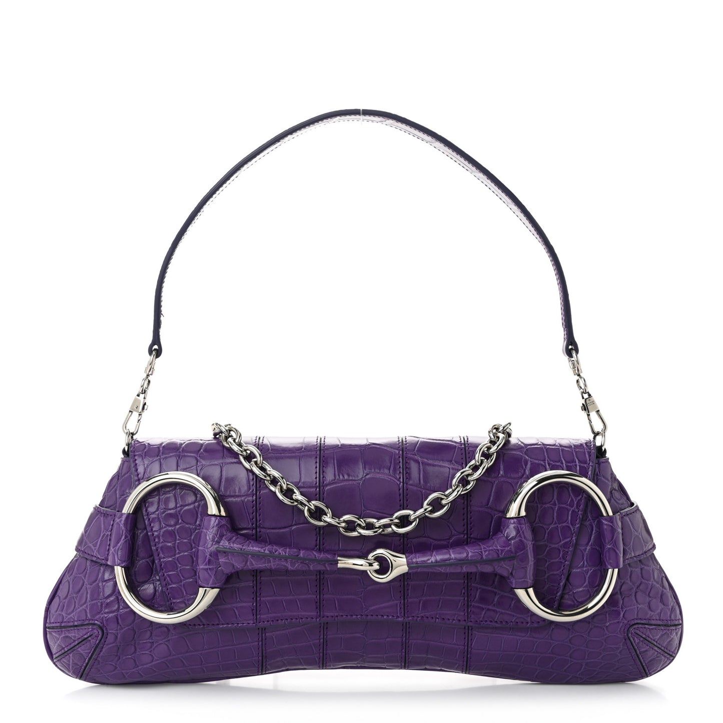 Alligator Embossed Medium Maxi Horsebit Chain Shoulder Bag Purple