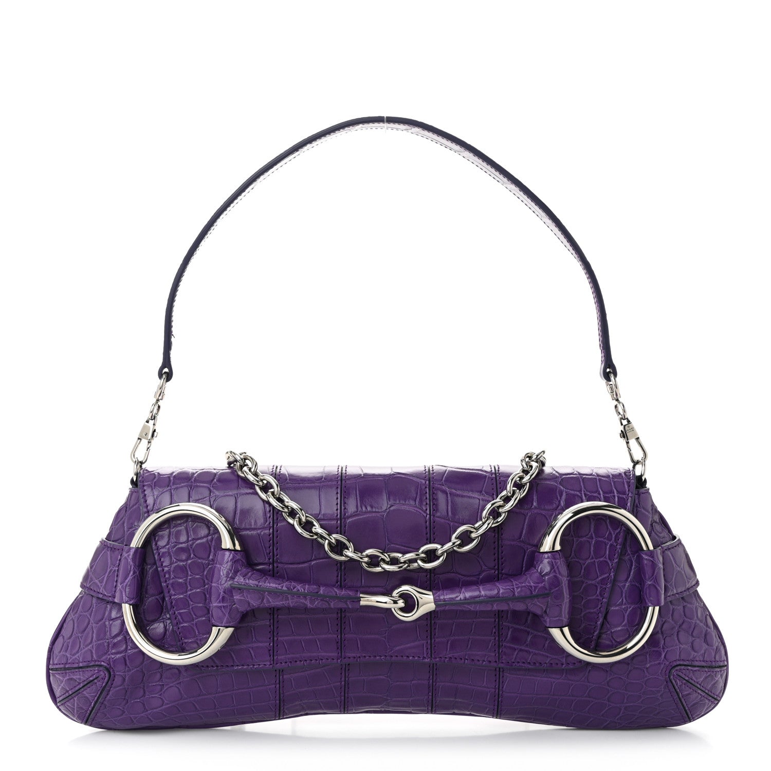 Gucci Alligator Embossed Medium Maxi Horsebit Chain Shoulder Bag Purple 1 of 12