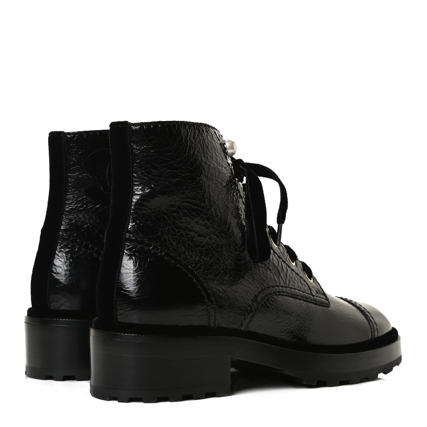 Chanel Shiny Calfskin Velvet Pearl Combat Short Boots 37 Black 4 of 12