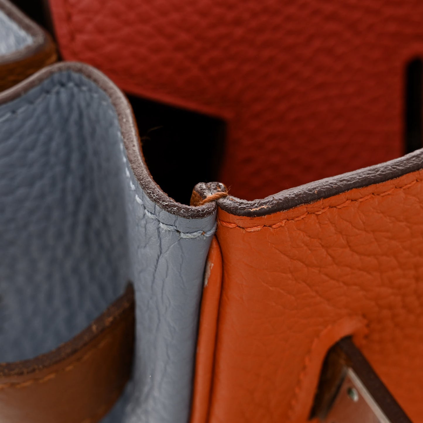 Taurillon Clemence Arlequin Birkin 35 Orange Sanguine Gold Bleu Lin Bleu Hydra Etain
