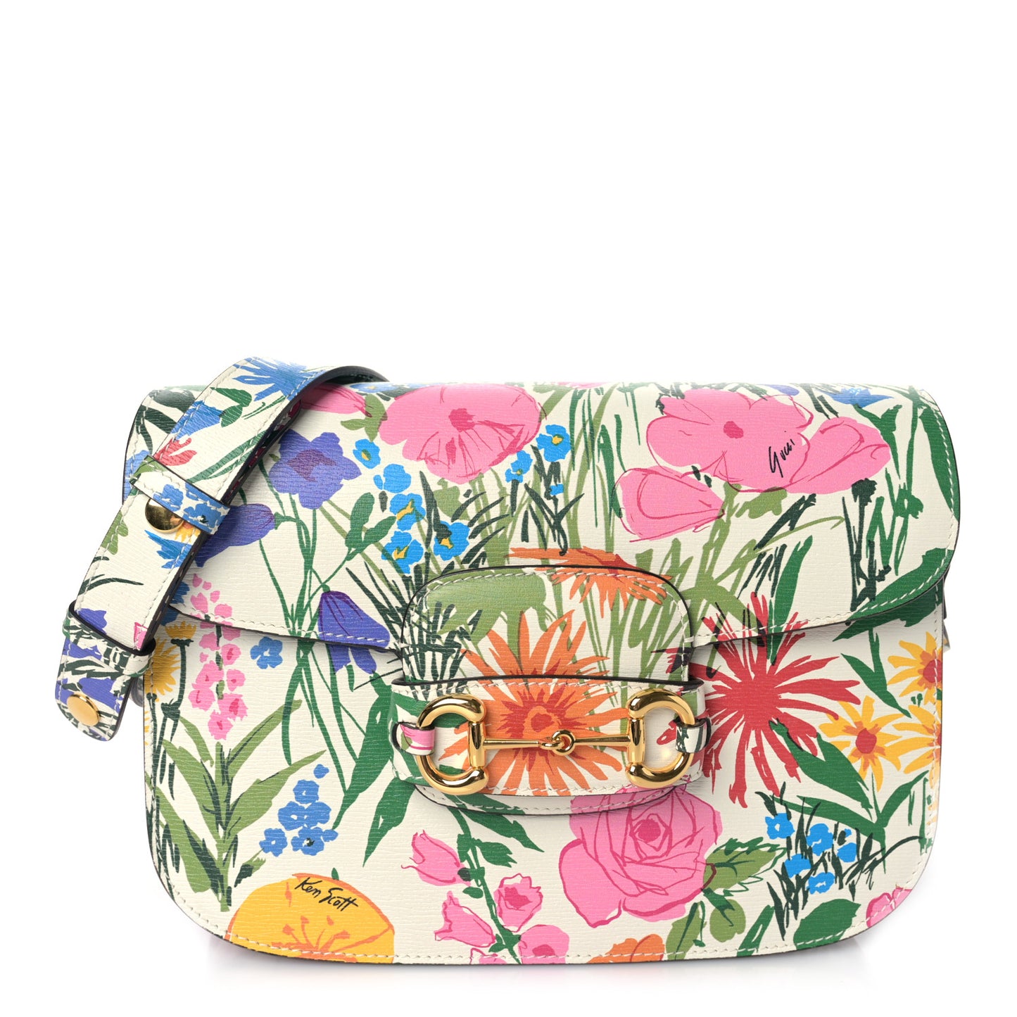 X KEN SCOTT New Shangai Calfskin Jardin D'Avril Floral Print Horsebit 1955 Shoulder Bag Ivory Pink Wild Rose