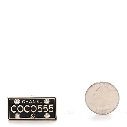 Chanel Metal Resin Pearl Coco License Plate Brooch Black Gold 3 of 6