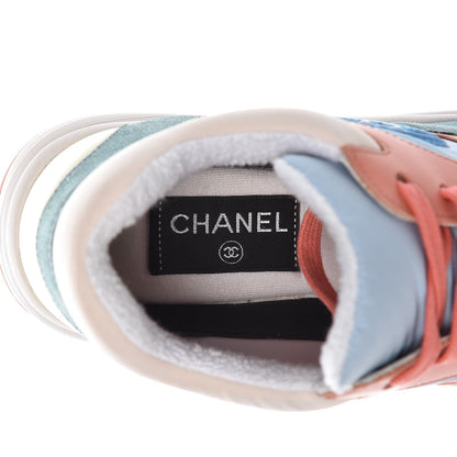 Chanel Nylon Lambskin Suede Calfskin CC Sneakers 37 Coral Light Blue White 7 of 13