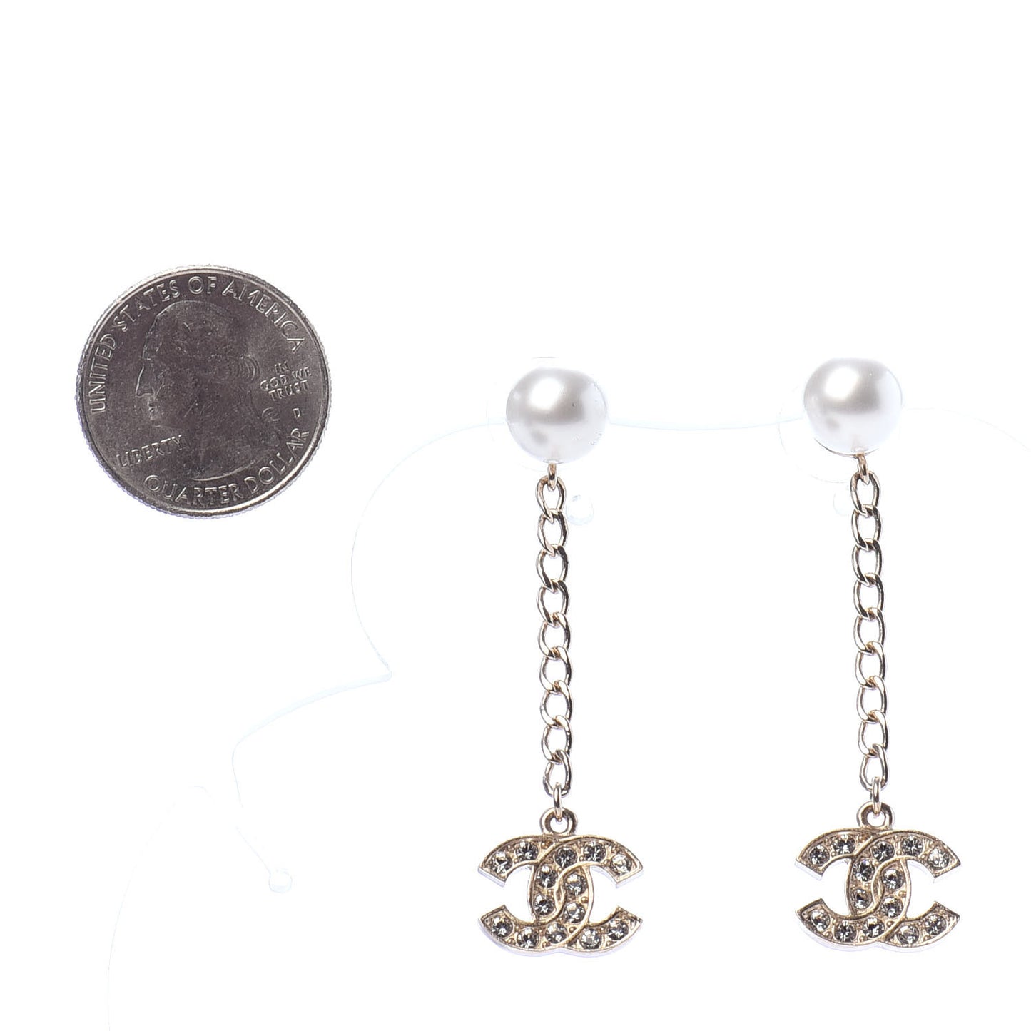 Pearl Crystal CC Long Drop Earrings Gold