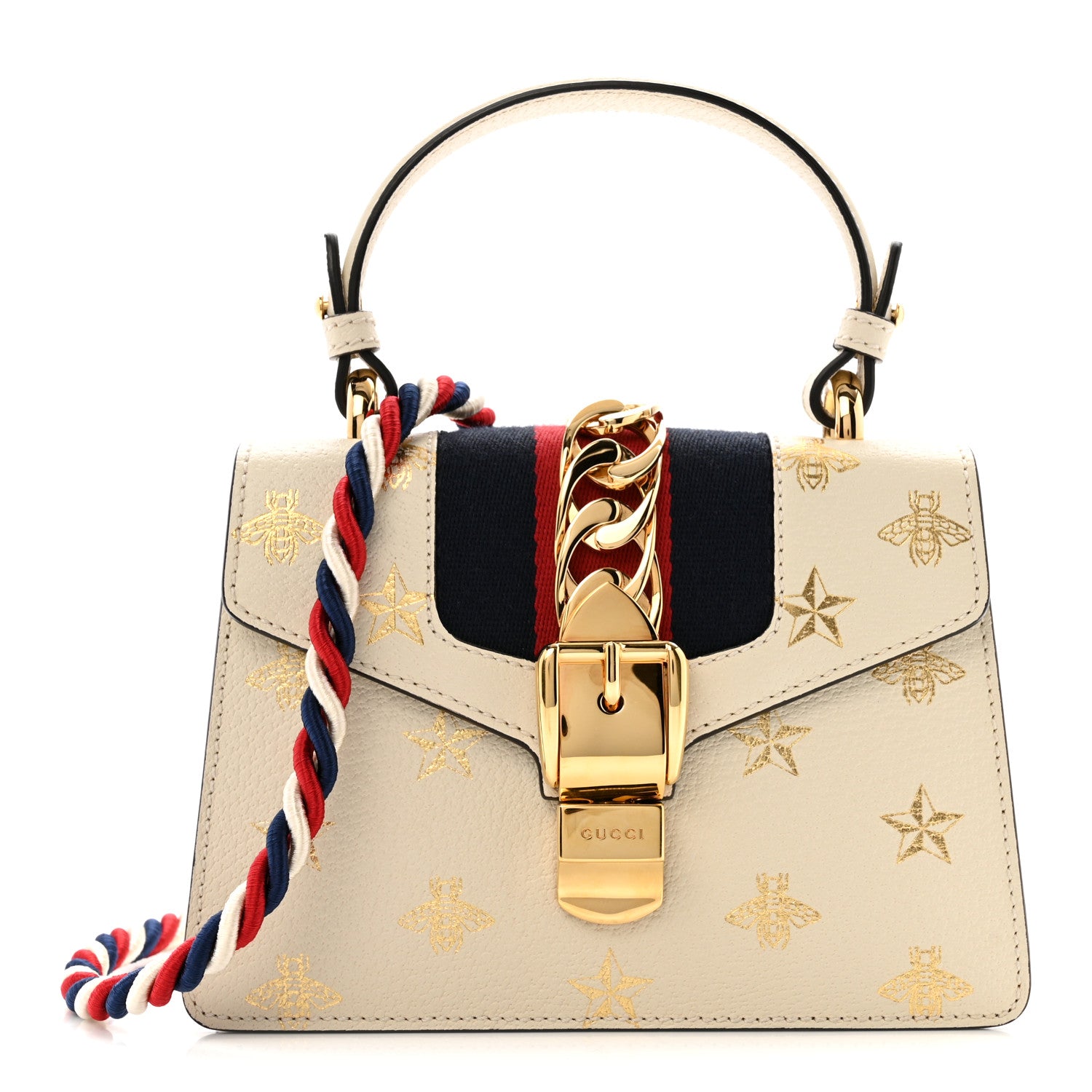 Gucci Textured Calfskin Bee Star Print Mini Sylvie Top Handle Bag Mystic White 1 of 14