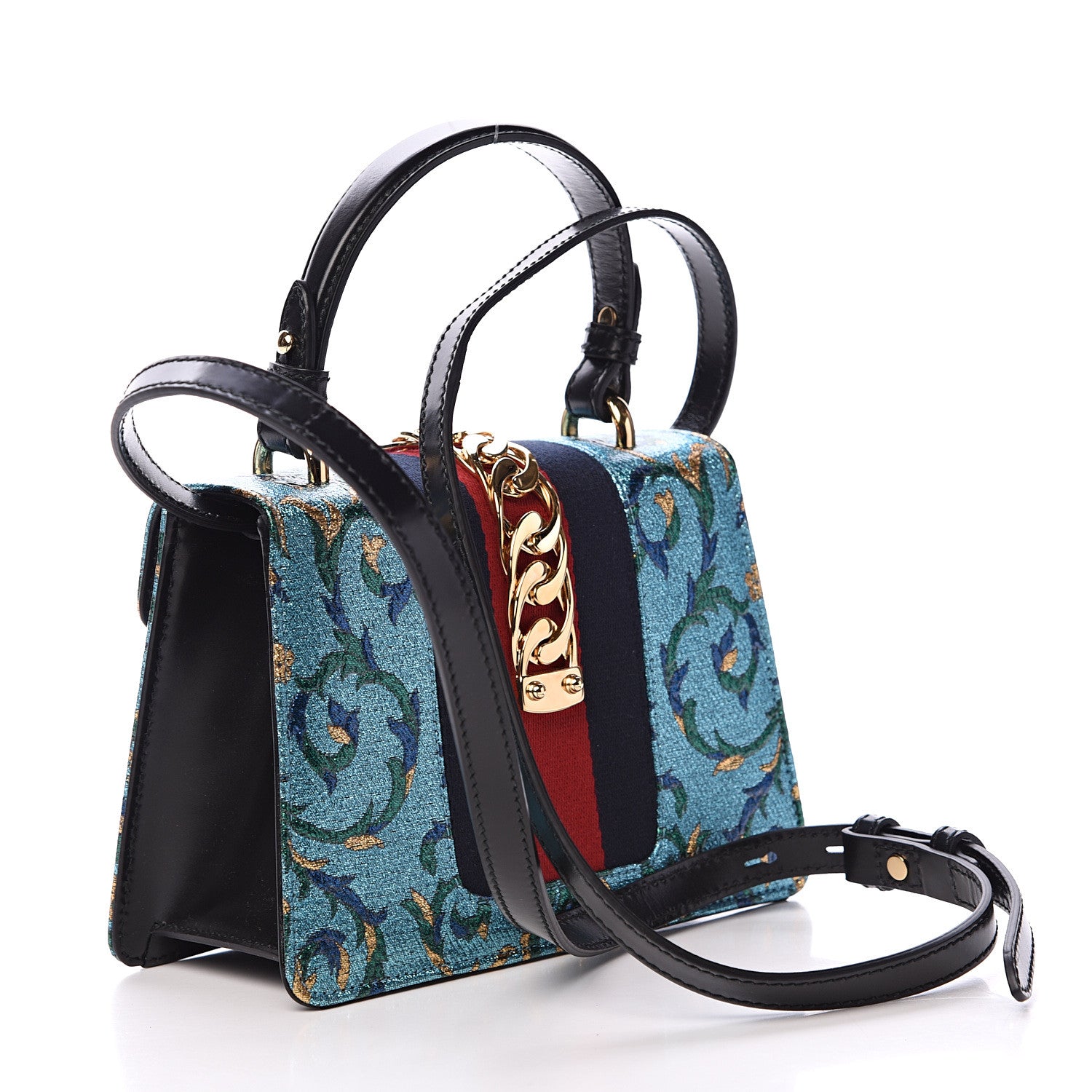 Gucci Iridescent Brocade Mini Sylvie Top Handle Bag Azure 2 of 12