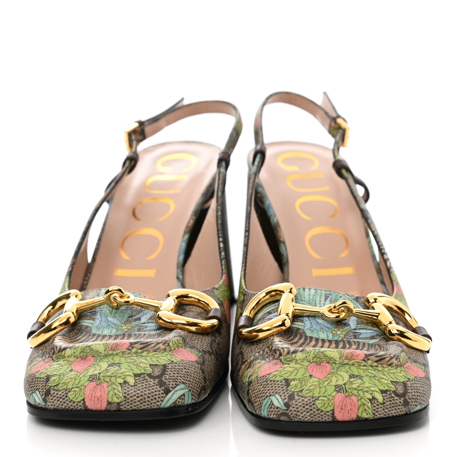 Gucci GG Supreme Monogram Tiger Savanah Horsebit 75mm Slingback Pumps 37 Beige Ebony Multicolor 2 of 7