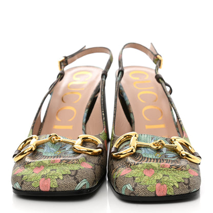 Gucci GG Supreme Monogram Tiger Savanah Horsebit 75mm Slingback Pumps 37 Beige Ebony Multicolor 2 of 7