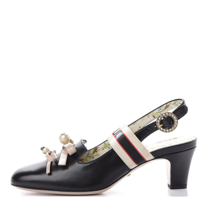 Gucci Malaga Kid Bow Ace Stripe Mid Heel Slingback Pumps 36.5 Black 1 of 10