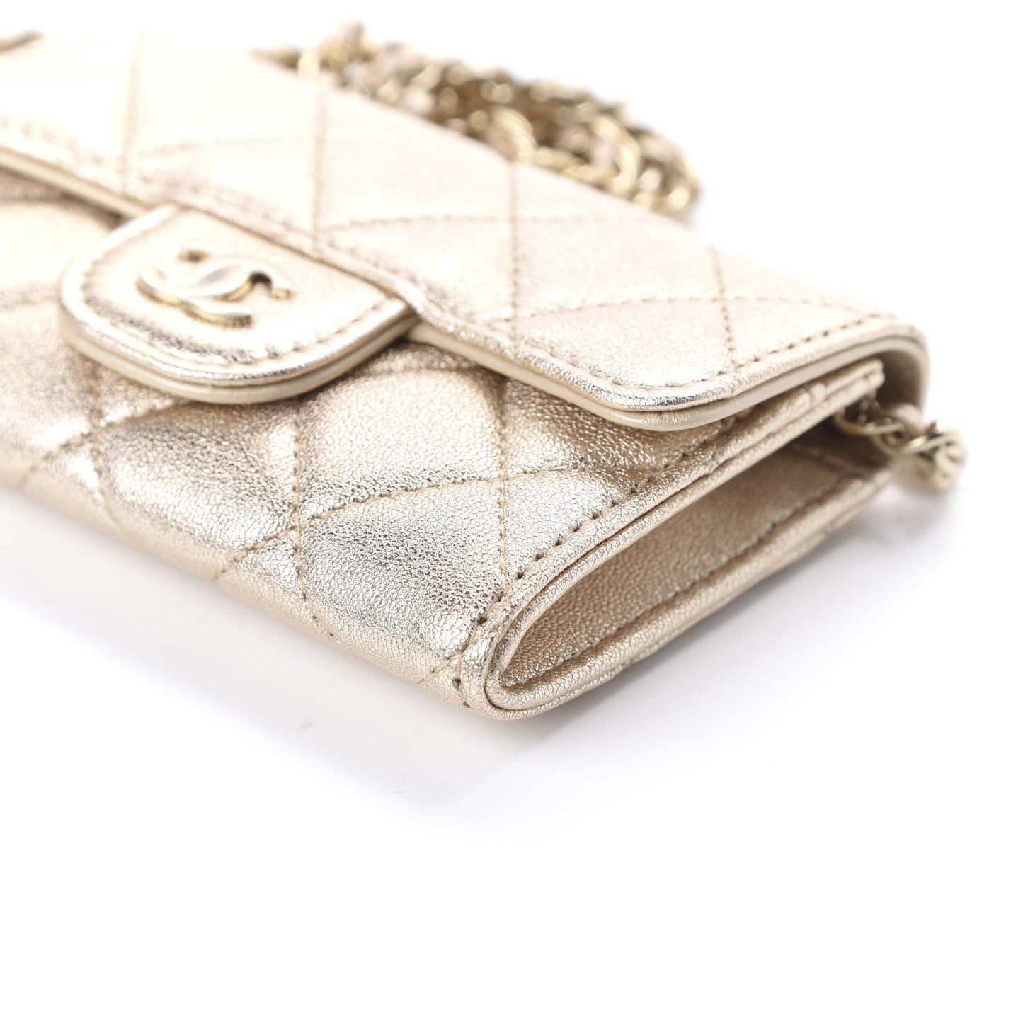 Metallic Lambskin Quilted Flap Chain Waist Bag Gold
