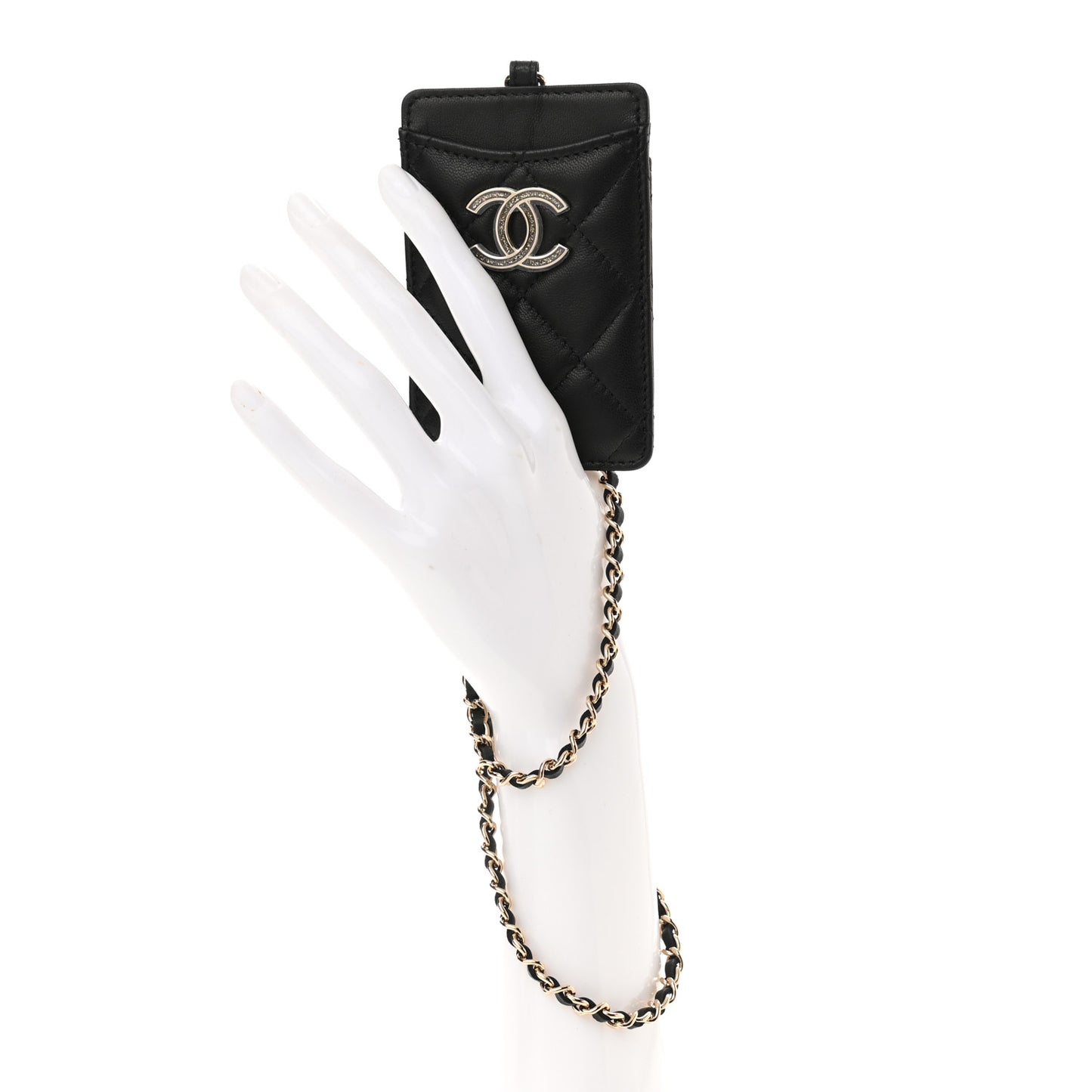 Lambskin Quilted Glitter Card Holder On Chain Black