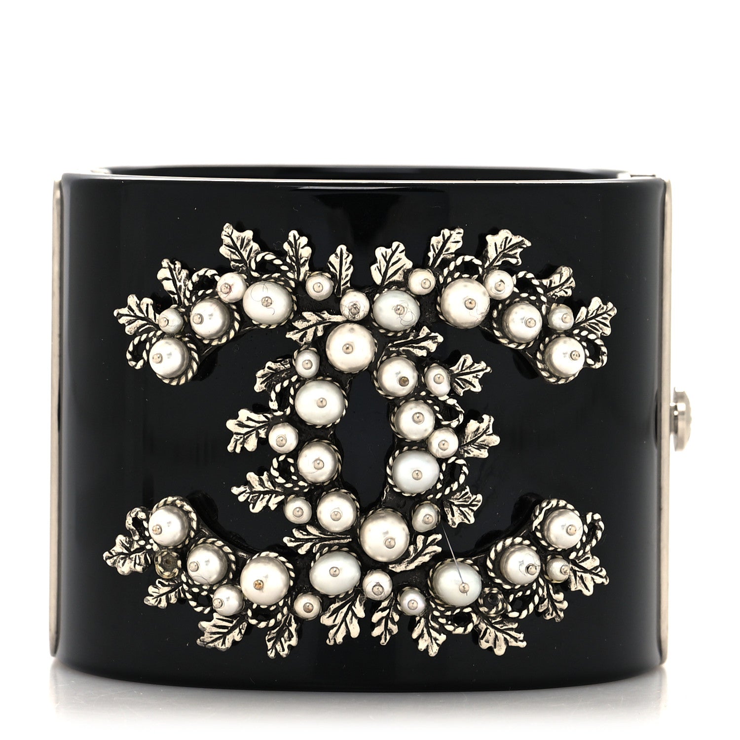 Chanel Pearl CC Pewter Leaf Cuff Bracelet Black 1 of 5