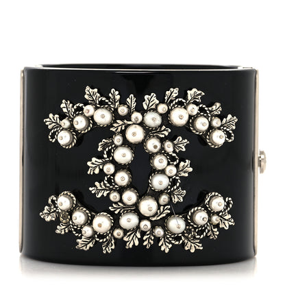 Chanel Pearl CC Pewter Leaf Cuff Bracelet Black 1 of 5