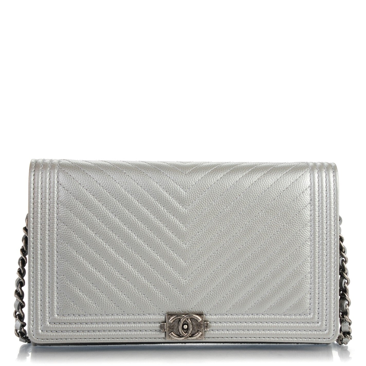 Caviar Chevron Quilted Boy Wallet on Chain WOC Silver