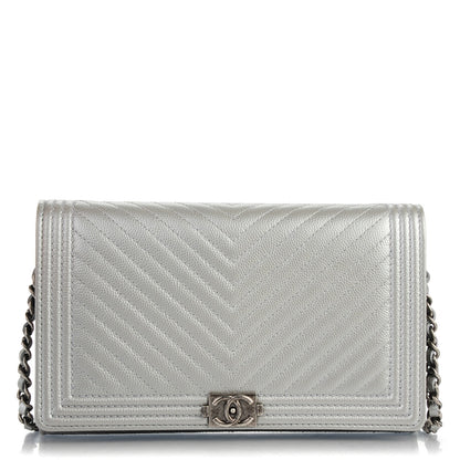 Chanel Caviar Chevron Quilted Boy Wallet on Chain WOC Silver 1 of 9
