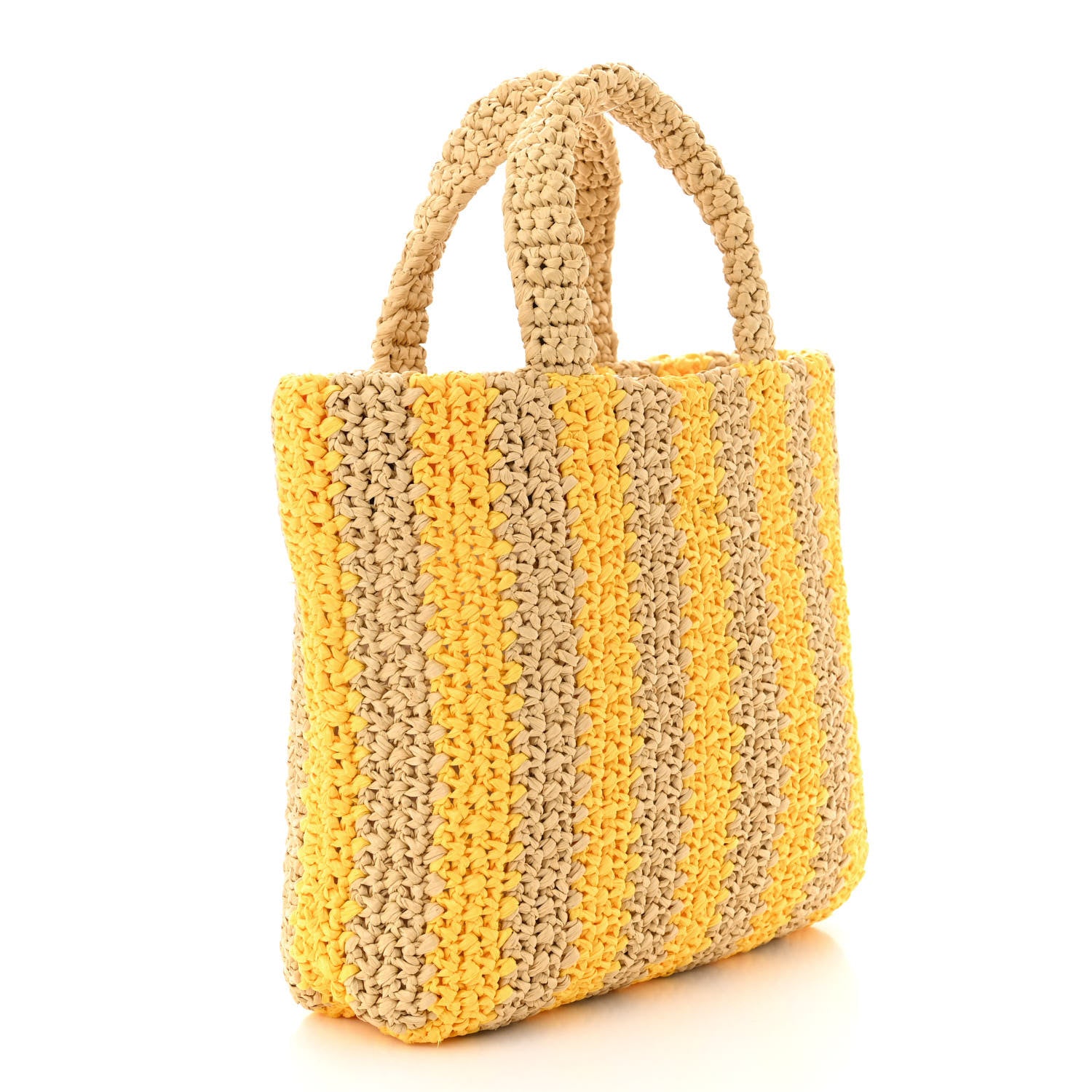 Prada Yarn Raffia Effect Crochet Striped Small Logo Tote Naturale Giallo 3 of 9