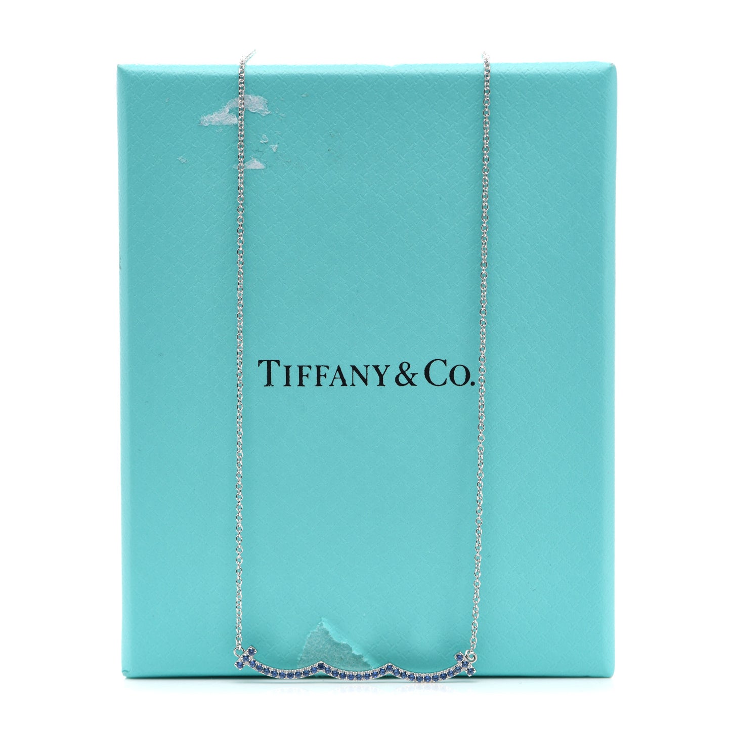 18K White Gold Blue Sapphire Wave Pendant Necklace