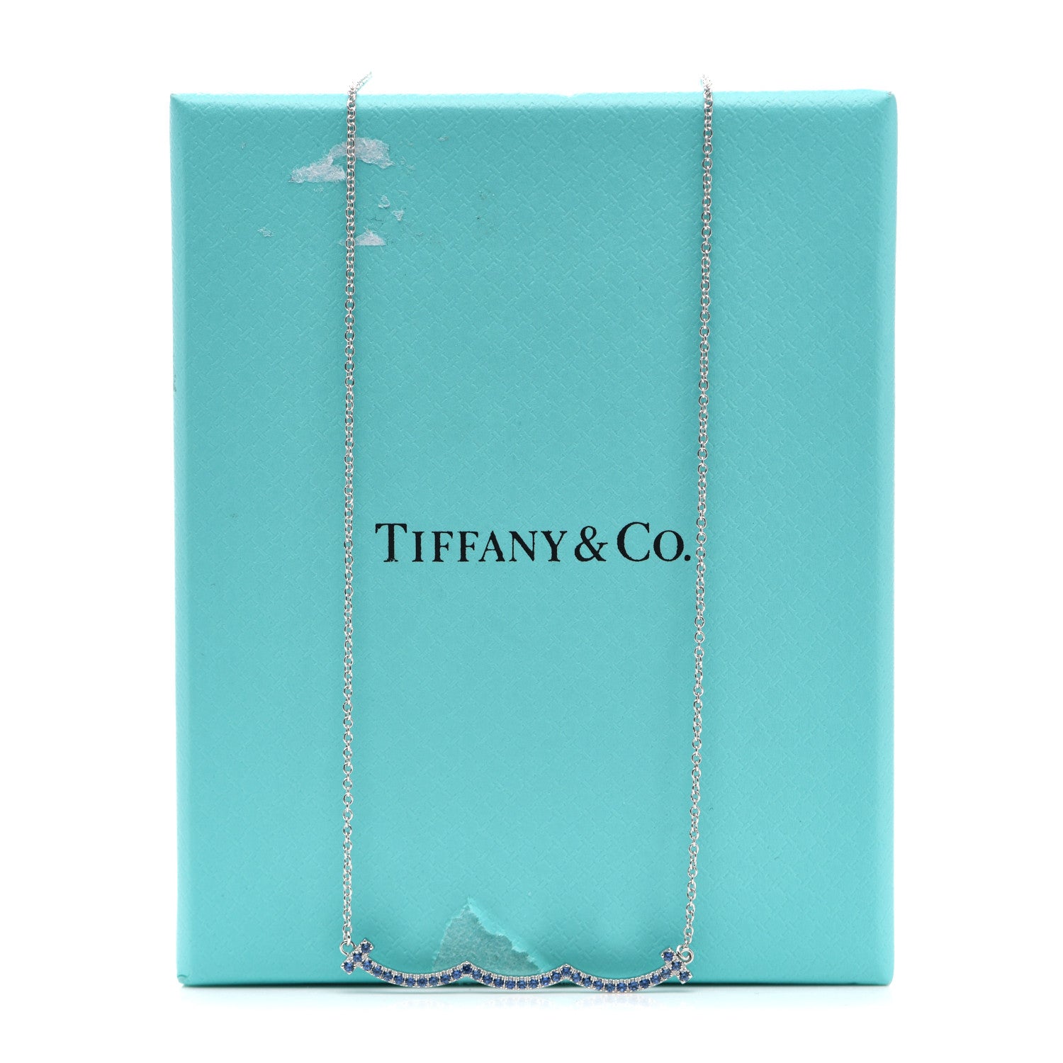 Tiffany 18K White Gold Blue Sapphire Wave Pendant Necklace 5 of 5