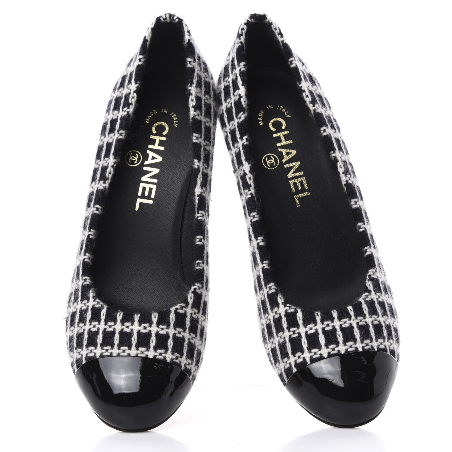 Chanel Tweed Patent Cap Toe CC Pumps 36 Black White 5 of 10