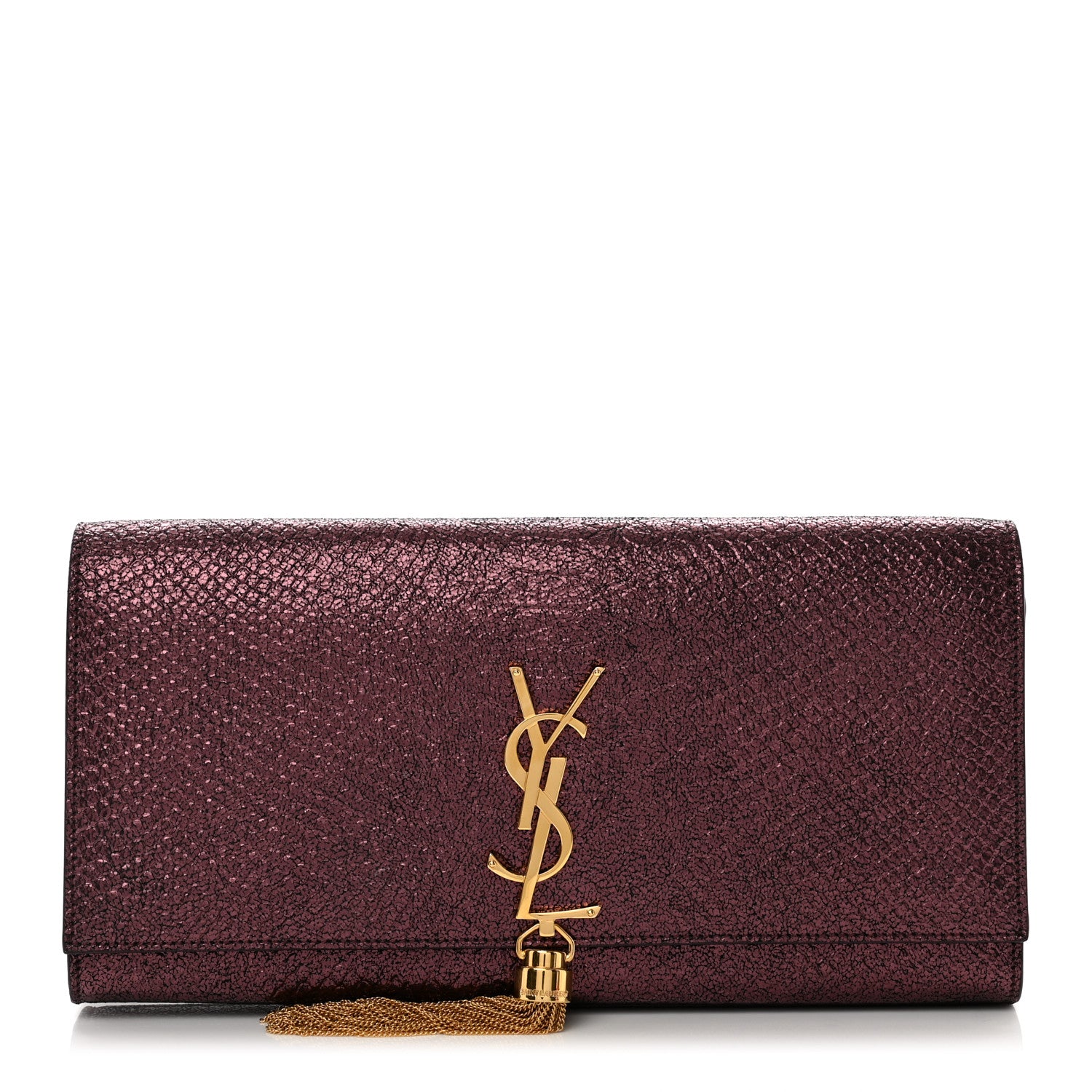 Saint Laurent Metallic Calfskin Snakeskin Embossed Classic Monogram Tassel Clutch Purple 1 of 8