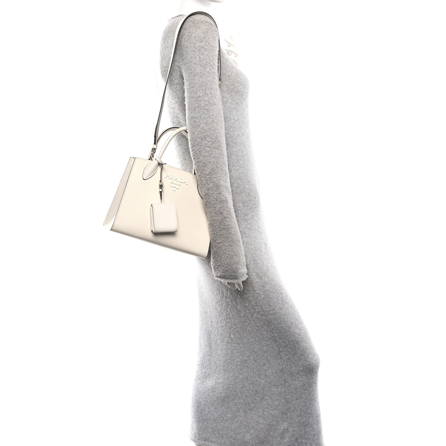 Prada Saffiano Cuir Calfskin Small Monochrome Top Handle Tote White 2 of 9