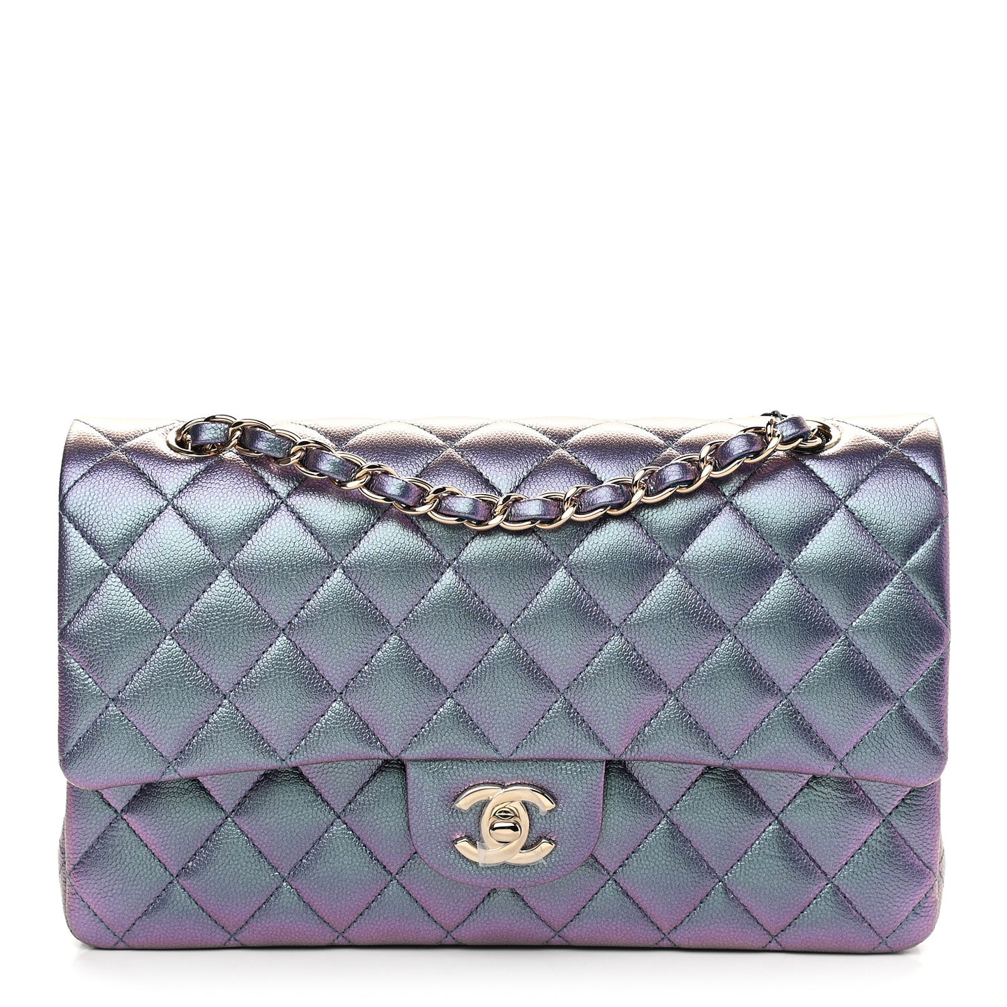 Iridescent Caviar Quilted Medium Double Flap Dark Blue