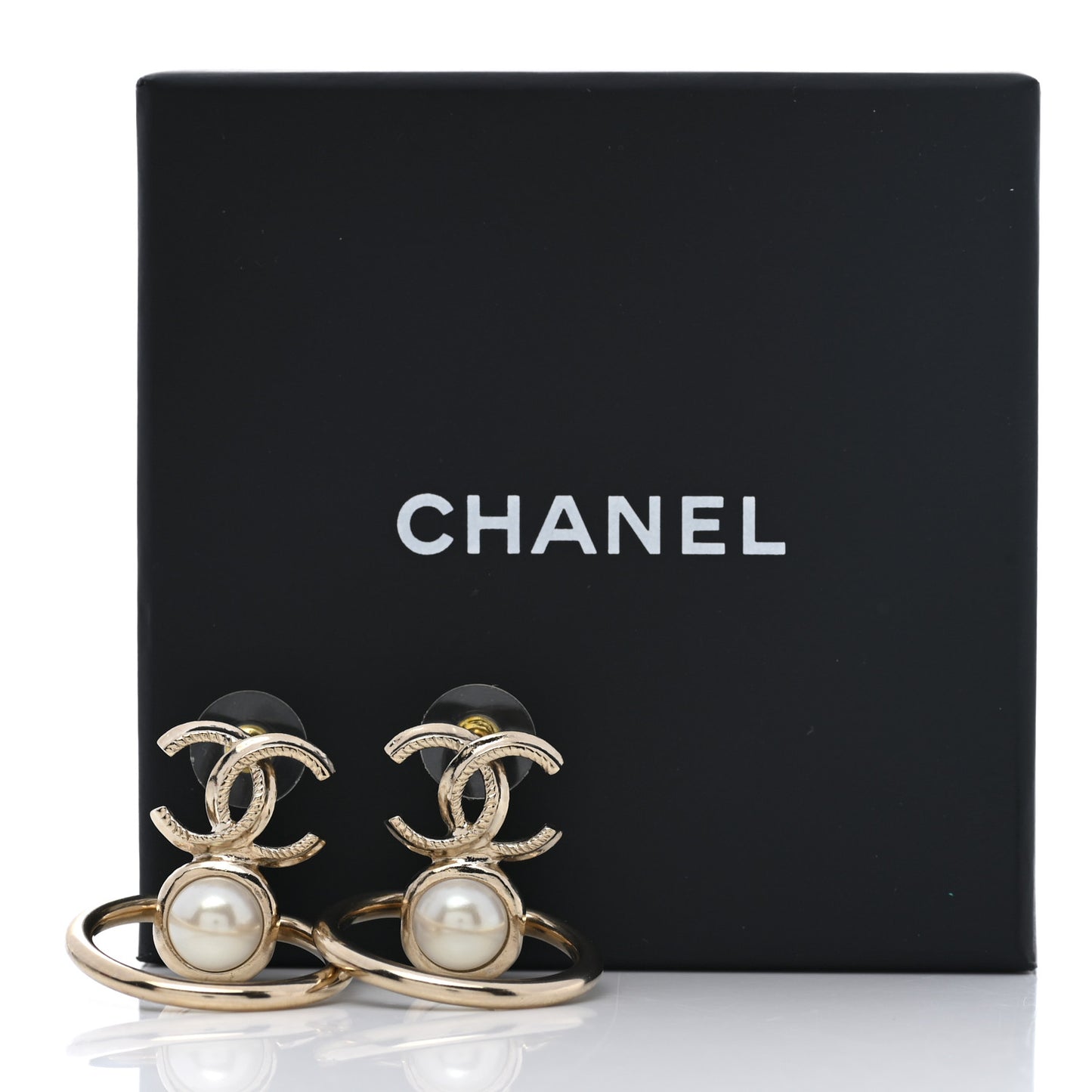 Metal Pearl CC Hoop Drop Earrings Gold